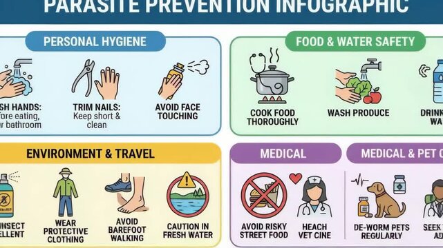 Infographic outlining practical parasite prevention steps: hygiene, food and water safety, travel and environmental precautions, pet care, vaccinations, deworming and medical guidance