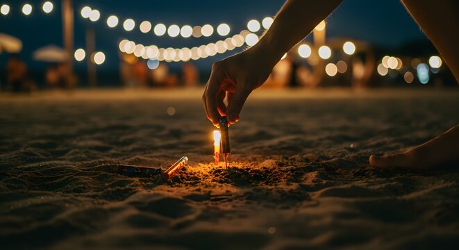 Hand igniting a festive spark in beach sand at night, warm string lights bokeh in background