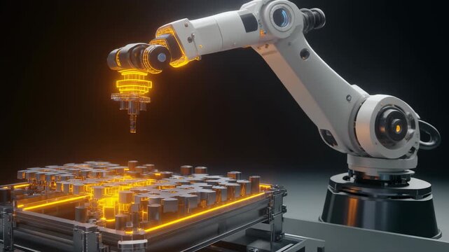 Industrial Robotic Arm Assembling Complex Electronic Components with Orange Glow Keywords: robotic arm, industrial robot, automation