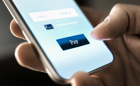 Payment. Pay with wallet in mobile app. E money transfer with phone. Easy smartphone bank service. Card purchase online. Safe secure technology in ecommerce. - Powered by Adobe