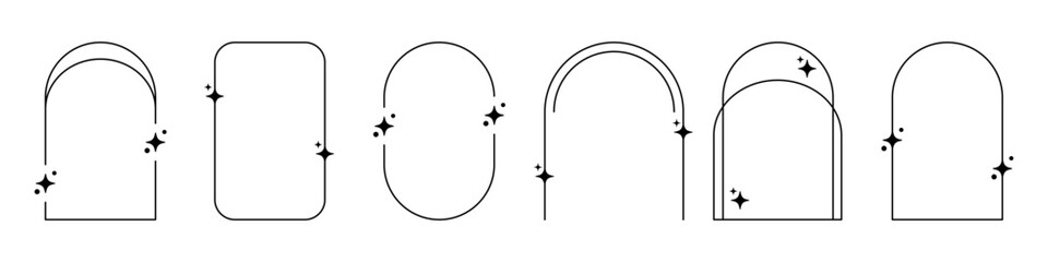 Minimalist line art frames, various rounded arch shapes embellished with small star or sparkle icons