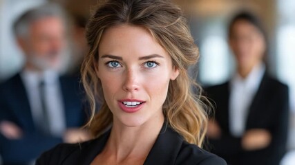 Confident Businesswoman: A poised and confident businesswoman with captivating eyes commands attention, her presence reflecting leadership, with blurred colleagues in the background.
