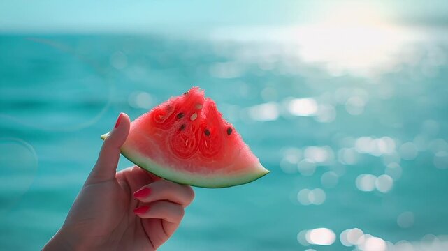 A hand holding a slice of watermelon against a serene blue ocean backdrop. The watermelon slice is the central focus.