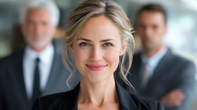 Confident Leadership: A close-up portrait of a poised woman, at the forefront, exuding confidence and leadership, accompanied by supportive colleagues in the background. Capturing focus, success.