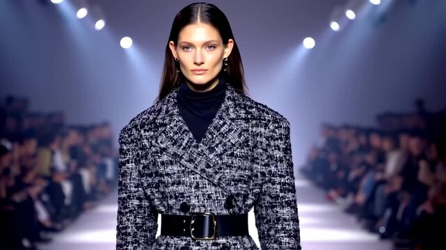Fashion model in a textured jacket on a runway