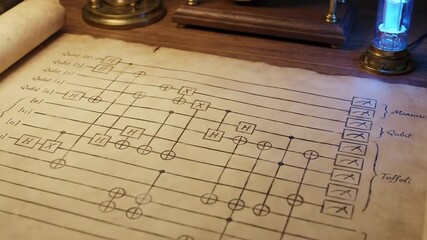 Quantum circuit diagram intricately drawn on an aged parchment scroll. Combining historical aesthetics with advanced physics concepts. Featuring a glowing vacuum tube and brass scientific instruments