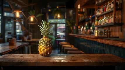 A closeup shot of a wooden table with a pineapple on it. The table has a rich, dark brown hue with visible grain patterns and a smooth, polished surface. The pineapple is the central focus.