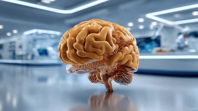 Unveiling the Mind: A detailed view of a human brain, showcasing its intricate form, rests on a reflective surface within a futuristic research lab setting.