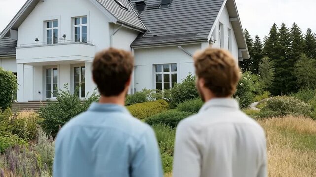 Gay couple embracing while looking at new house