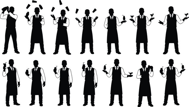Bartender silhouette illustration, cocktail shaking, bottle juggling, drink serving, bar staff poses, mixology action, professional bartender art, nightlife concept