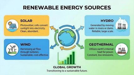 Infographic illustrating different renewable energy sources like solar, wind, hydro, and geothermal power circling a globe, highlighting their contribution to global growth and a sustainable future - Powered by Adobe