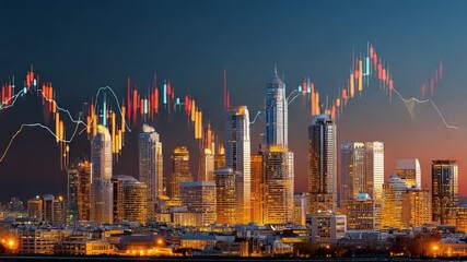 Urban Landscape with Financial Data: A captivating view of a city skyline at dusk, interwoven with dynamic financial data, showcasing the convergence of urban development and the world of finance. - Powered by Adobe