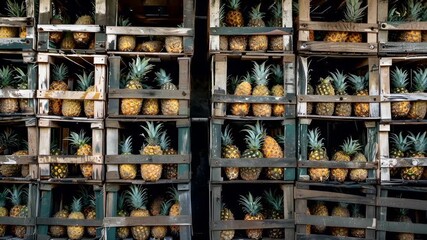 A closeup view of a wooden crate filled with pineapples, showcasing their vibrant yellow and orange hues. The pineapple collection is organized into sections.