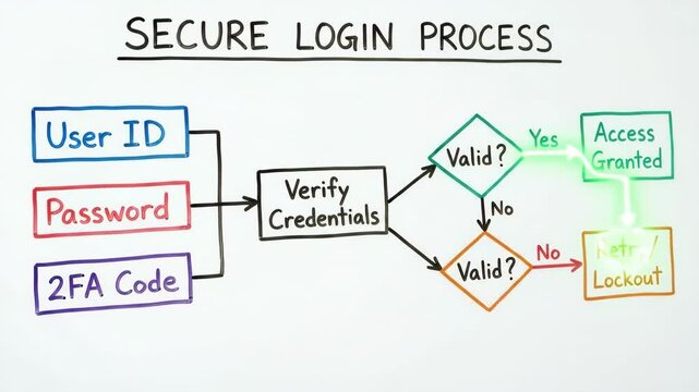 Flowchart illustrating the secure login process with user id, password, and 2fa code, demonstrating credential verification and access granting or lockout decisions