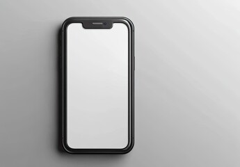 A black smartphone with a blank white screen sits atop a light gray surface
