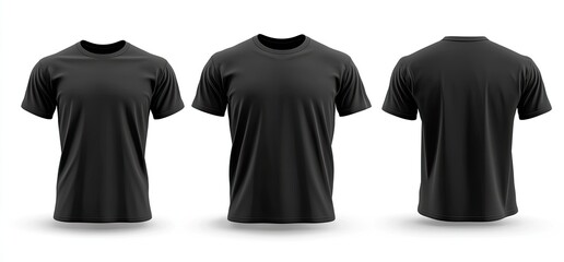 Three views of a black short-sleeved t-shirt