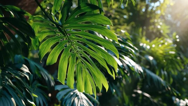 Close-up of tropical monstera leaf in sunlight