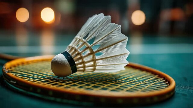 Close-up of a badminton shuttlecock resting on a racquet, with bokeh background lighting