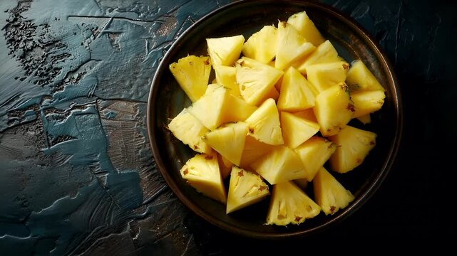sliced pineapples on a rustic wooden table with water dropletspineapples in a bowl on a dark wooden surface, with a dark background that contrasts with the bright yellow of the pineapple slices.