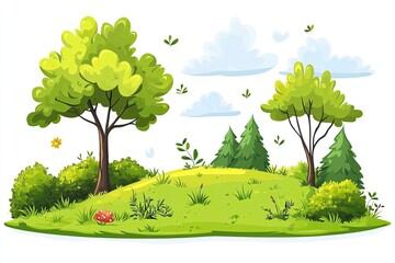 Springtime hilltop with trees and clouds