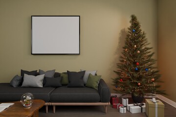 Cozy living room with a decorated Christmas tree, glowing lights, and wrapped gifts. A dark sofa sits below a blank frame, with a snow globe on a wooden table