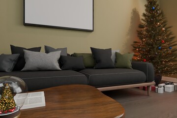 Cozy living room with dark sofa, assorted pillows, wooden coffee table holding a festive snow globe...