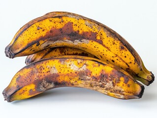 Three overripe bananas, spotted with brown discoloration, lie on a white surface