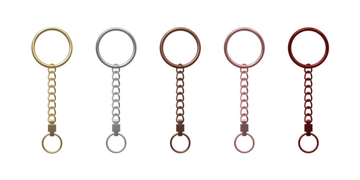 Fototapeta A set of identical metal rings with chains in gold, silver, copper, and bronze, keychain fittings.