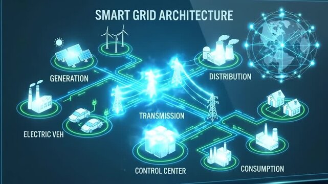 Smart grid architecture showing renewable and traditional generation, transmission, distribution, control center, electric vehicles and consumers linked for intelligent, efficient energy management