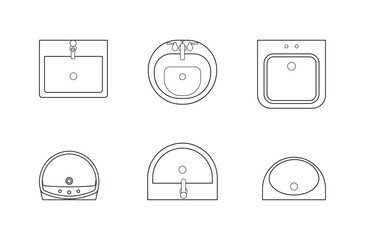 CAD drawings. View from above. Set of ceramic sinks, bathroom sinks. For the design of buildings and structures
