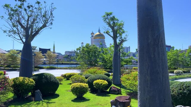 Brunei Darussalam - June 25, 2025: Sultan Omar Ali Saifuddin Mosque in Bandar Seri Begawan. Mosque with baobab trees in the foreground. Mosque facade and dome in sunlight. 4К