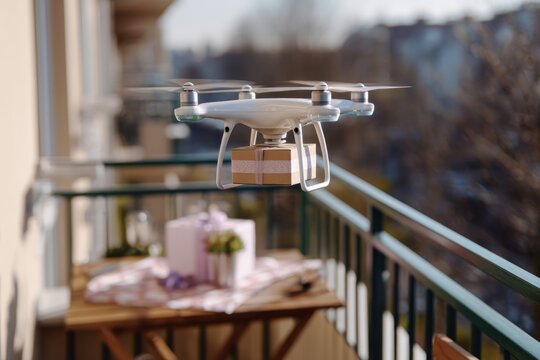 Drone delivering a gift box to a balcony with a cake and flowers on a table