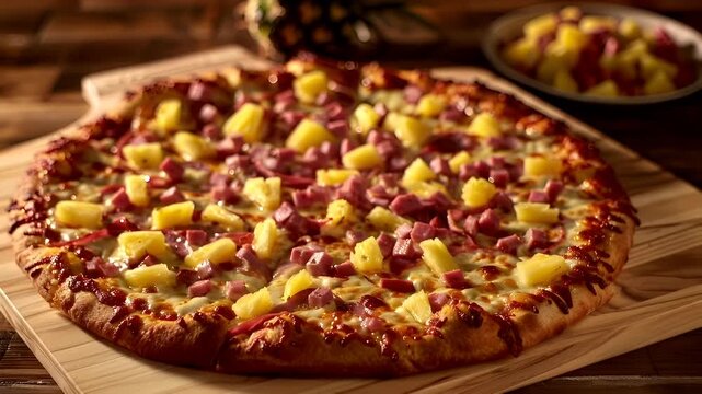 A closeup of a pizza on a wooden board. The pizza is topped with ham, pineapple slices, and cheese. The colors are predominantly red, yellow, and green from the pineapple slices and ham.