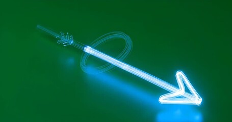 Blue light painting forms an arrow shape with a loop against a solid green background - Powered by Adobe