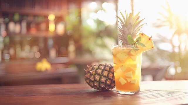 A vibrant, sunlit scene featuring a glass of pineapple juice on a wooden table. The glass is filled with a yellowish liquid, possibly a tropical drink.