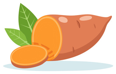 Whole sweet potato with green leaves and sliced pieces showcasing vibrant orange flesh and texture