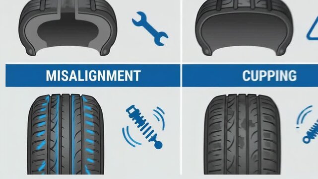 Infographic illustrating different types of tire wear issues including overinflation, underinflation, misalignment, and cupping, providing important car maintenance safety information