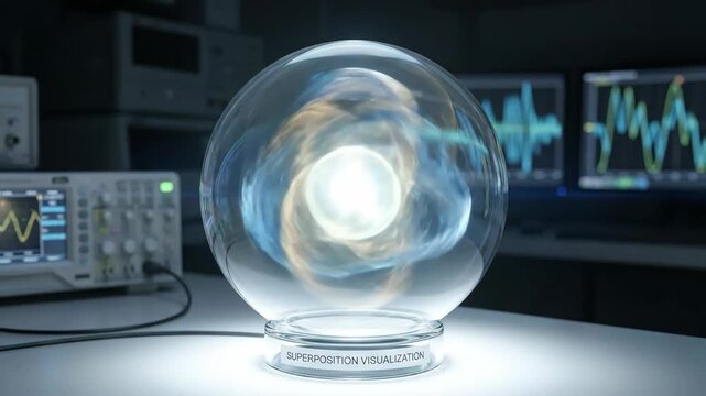 Glass sphere illustrating quantum superposition with abstract energy waves and particles, placed on a laboratory desk with scientific equipment and monitoring screens displaying waveform data