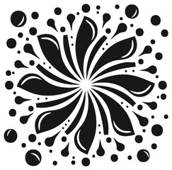 Stylized monochrome radial burst with swirling liquid splashes and drops forming a flower design