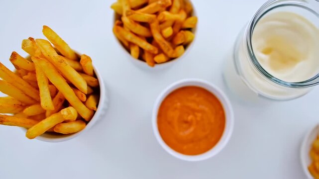 French fries, dipping sauces, and a condiment