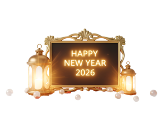 Happy New Year 2026 Golden Ornate Frame with Lanterns & Festive Baubles - Celebration Design on white background