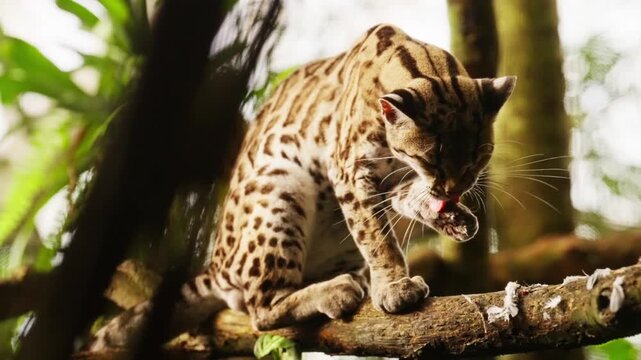 Leopardus cleaning itself, sitting on tree branch