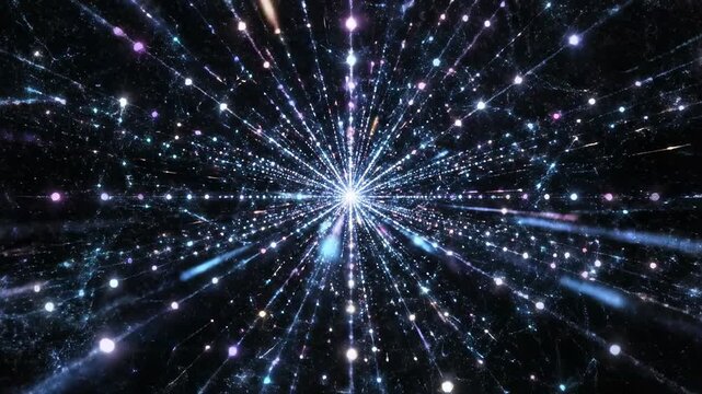 Abstract digital immersion through interconnected network nodes and glowing data stream flowing seamlessly across a dark background vortex, matrix, virtual reality