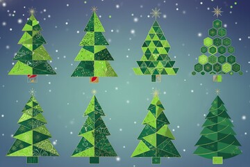 Fototapeta premium Geometric green Christmas Tree Illustrations. Set of Abstract Christmas Tree Illustrations. Geometric Christmas Trees with Decorative Patterns.