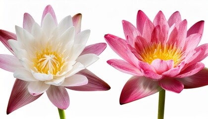 Fototapeta premium Two Colorful Water Lilies White and Pink Lotus Flower Isolated on White Background