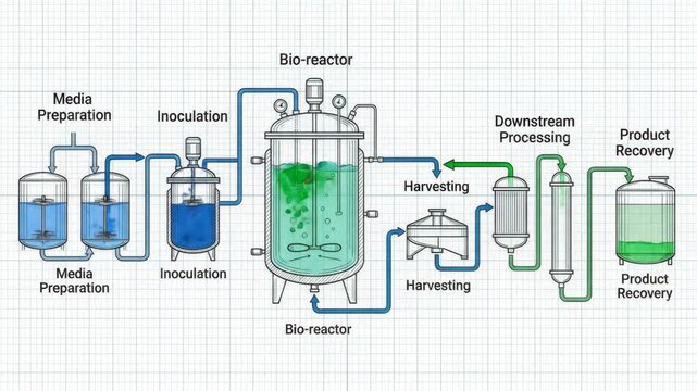 Bioreactor diagram illustrating the complete biotechnological process from media preparation and inoculation to fermentation, harvesting, downstream processing, and final product recovery