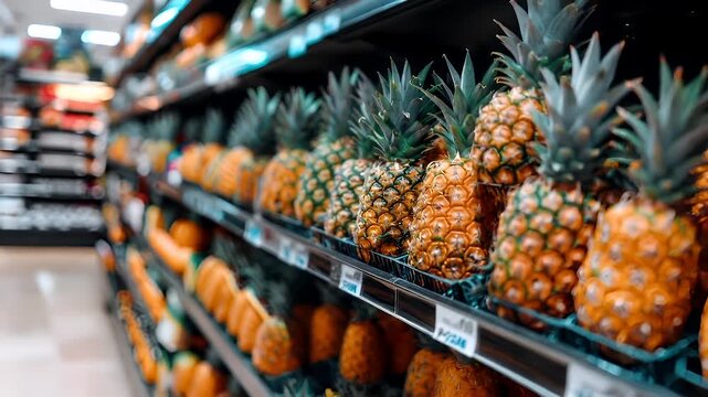 A closeup shot of a grocery store shelf stocked with tropical fruits, including pineapples and oranges. The pineapple display is in sharp focus, while the background is slightly blurred.