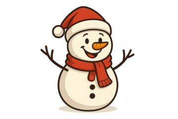 Cheerful snowman wearing santa hat and red scarf