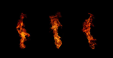 Dynamic isolated fire flames on a black background, showcasing vivid orange and red textures ideal for energy, heat, danger, and dramatic visual effects in creative design projects.