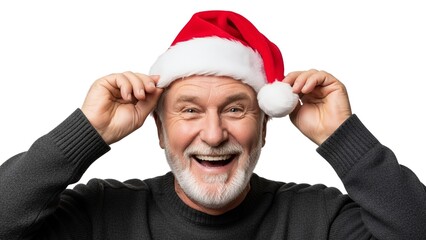 Smiling senior man adjusting a red and white Santa hat.